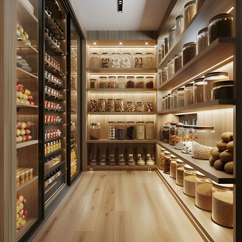 Explore this luxurious, modern larder featuring shelves stacked with neatly arranged glass jars and wooden boxes, filled with spices, dried fruits, and snacks. The space boasts warm lighting, elegant white walls, light wooden floors, and a grand wine cabinet, enhancing its cozy yet chic atmosphere. Big Modern Pantry, Dream Snack Pantry, Big Kitchen Ideas Luxury Modern, Luxury Refrigerator Modern, Elegant Pantry Organization, Luxury Food Storage Room, Large Pantry Room Ideas, Dream Kitchen Organization, Extra Large Pantry