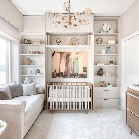 Nursery Ideas Transitional, Nursery Built Ins, Built In Nursery, Colorful Baby Room, Gender Neutral Bedroom, Gender Surprise, Luxury Baby Nursery, Luxury Nursery, Nursery Room Design