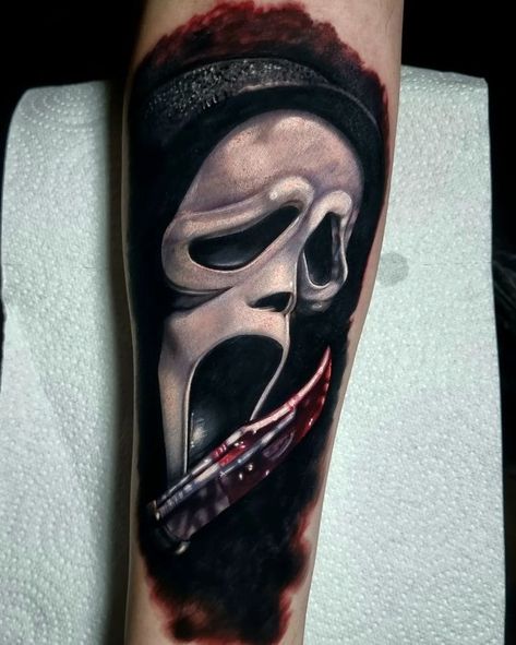 Ghost Face Tattoo Sleeve, Colour Horror Tattoo, Scream Tattoo Ghostface Sleeve, Ghostface Portrait Tattoo, Horror Movies Tattoos Ideas, Halloween Realism Tattoo, Ghostface Sleeve Tattoo, Ghostface Tattoo Drawing, Realism Horror Tattoo