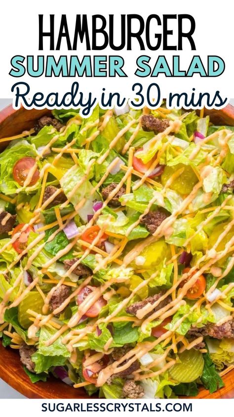 Looking for a healthy, refreshing, and mouthwatering meal that's ready in under 30 minutes? This Hamburger Salad is the answer to your summer salad cravings! Packed with protein and bursting with flavor, you'll be craving more every time. Perfect for BBQ sides or light lunches, this recipe is guaranteed to be a summer staple. Salads With Hamburger Meat, Summer Hamburger Recipes, Hamburger Salad Recipes, Healthy Bbq Side Dishes, Hamburger Salad, Gf Salads, Bbq Side Dish Recipes, Summer Lunch Recipes, Quick Dinner Options