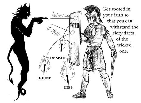 Ephesians 6:16. “Above all, taking the shield of faith, wherewith ye shall be able to quench all the fiery darts of the wicked.” This portrayal of the devil is nonsense, of course. He&#… Revelation Bible, Ephesians 6 10, غلاف الكتاب, Shield Of Faith, Bible Facts, Armor Of God, Bible Knowledge, Bible Verses Quotes Inspirational, Spiritual Warfare