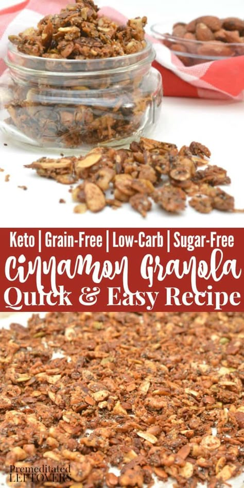 Gluten-Free Cinnamon Granola Recipe is a quick and easy breakfast recipe. It is also a grain-free, sugar-free, low-carb, keto breakfast recipe idea. It includes substitutions to make it dairy-free as well. Cinnamon Granola Recipe, Gluten Free Granola Recipe, Sugar Free Granola, Low Carb Granola, Cinnamon Granola, Keto Granola, Easy Breakfast Recipe, Gluten Free Granola, Grain Free Granola