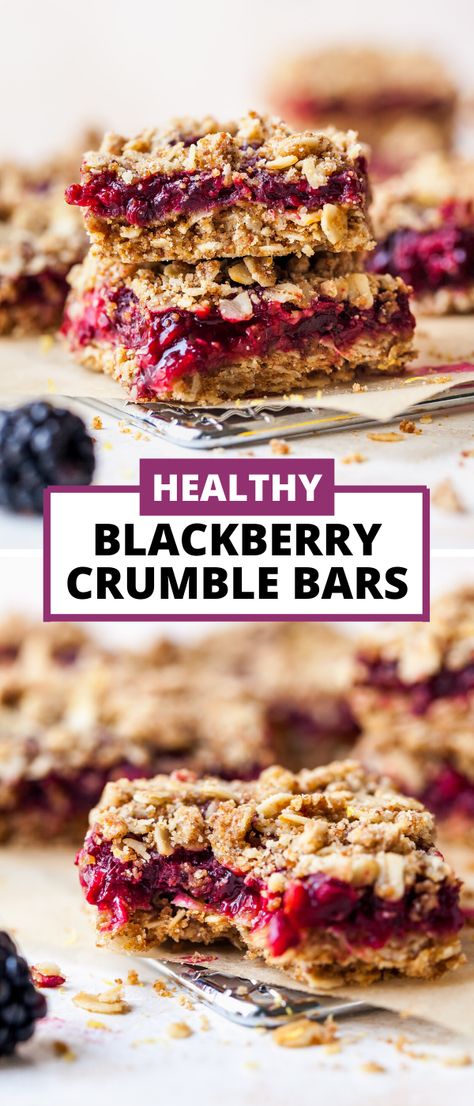 Healthy Blackberry Crumble Bars made with whole grains and lightly sweetened with coconut sugar and maple syrup. These easy homemade bars are a nutritious option for breakfast on-the-go or an afternoon snack. #healthysnacks #blackberryrecipes #blackberrybars #blackberrycrumble #healthybreakfast #mealprepbreakfast #snackideashealthy via @https://www.pinterest.com/jamievespa/ Blackberry Protein Recipes, Blackberry Crumble Bars, Blackberry Deserts Healthy, Blackberry Oatmeal Bars, Blackberry Oat Bars, Blackberry Dessert Recipes Healthy, Paleo Blackberry Recipes, Blackberry Breakfast Bars, Light Desserts Recipes Easy Healthy