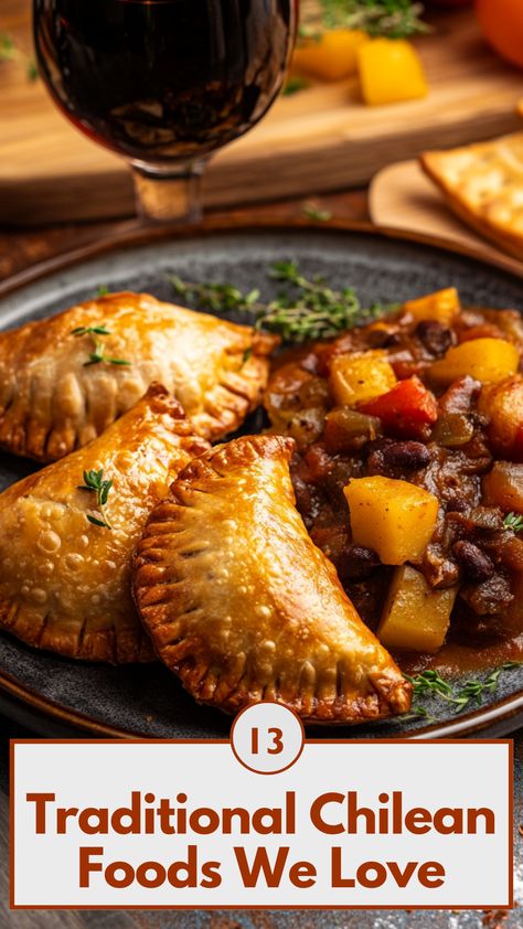 A plate of traditional Chilean empanadas served alongside a hearty stew, showcasing the rich and authentic flavors of Chilean cuisine. Chilean Dinner Recipes, Chilean Christmas Food, Authentic Recipes From Around The World, Peru Recipes, Chilean Salad, South American Food, Food From Around The World, Chilean Food, South American Recipes