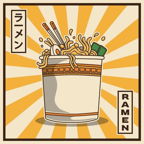 Ramen Noodle Illustration, Noodle Cup Illustration, Ramen Character, Vintage Food Illustration, Aristocats Poster, Ramen Illustration, Ramen Art, Ramen Japanese, Noodle Art