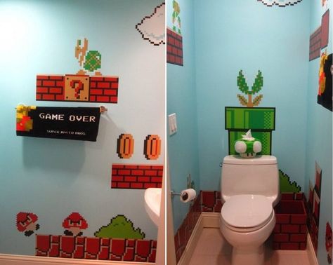 26 nerdy home designs for serious geeks Nerdy Bathroom, Gamer Bathroom, Fun Kids Bathroom Ideas, Super Mario Room, Fun Kids Bathroom, Kids Bathroom Ideas Shared, Mario Room, Kids Bathroom Ideas, Nerd Room