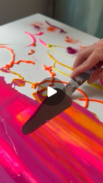 Victoria Barnhill on Instagram: "✨That 2nd clip 😍 The fluorescent color popping through is so satisfying! I love showing the full paint spreading videos, uncut and unedited, and in real time. My painting process is very relaxed and it’s in these clip that I get to share my painting mood & mindset with you all.   On this piece I’m using a combination of bright colors for the base of this new tropical landscape painting. I’m using the biggest palette knife I own (basically a cake server) to spread the paint. I also added some fluorescents to the regular colors to add a pop of brightness, which is what I typically do for my tropical pieces. Stay tuned to see what this background becomes! 🌴  . . . . . #artprocess #painting #art #artworks #abstractart #abstractpainting #painter #acrylicpainti Tropical Landscape Painting, Fluorescent Painting, Color Art Lessons, Painting Mood, Color Combinations Paint, Tropical Landscape, Acrylic Pouring Art, Fluorescent Colors, So Satisfying