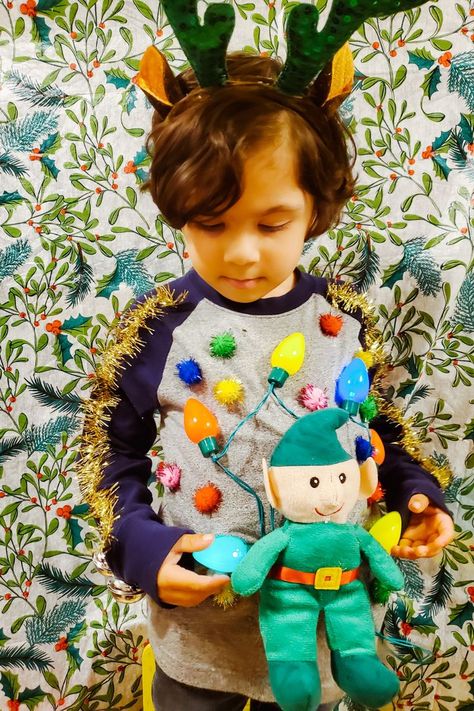 Crazy Sweater Ideas For Kids, Ugly Sweater Ideas For Kids Boys, Ugly Christmas Sweater Ideas For Kids, Kids Diy Ugly Christmas Sweater, Toddler Ugly Christmas Sweater Diy, Ugly Christmas Sweaters Diy Kids Boys, Kids Ugly Sweater Ideas, Diy Ugly Christmas Sweaters For Kids, Diy Ugly Sweater Ideas For Kids