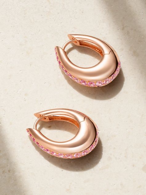 Designer Ananya Malhotra’s Indian heritage and spiritual upbringing inspire ANANYA's striking pieces. Cast from 18-karat rose gold, these 'Chakra Icon' hoop earrings are defined by a sleek, chunky profile traced by a channel of round-cut pink sapphires. Pair yours with the matching bracelet in our edit. Diamond Earrings Indian, Rose Earring, Brand Earrings, Everyday Jewellery, Indian Heritage, Matching Bracelet, Exclusive Jewelry, Sapphire Earrings, Rose Gold Jewelry