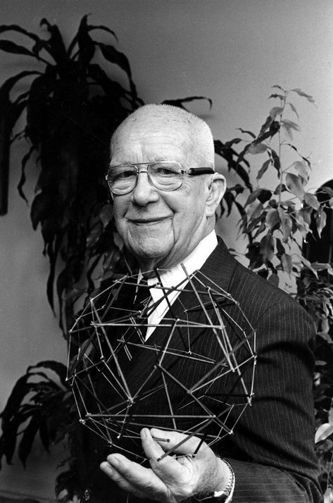 Richard Buckminster Fuller, designer of the geodesic dome, holds a geometric object that he calls tensegrity in 1983 | Photo credit: Suzanne Vlamis/AP. Richard Buckminster Fuller, Buckminster Fuller, Micro House, Geodesic Dome, Built Environment, History Design, Sacred Geometry, Jon Snow, Photo Credit