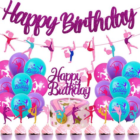 PRICES MAY VARY. WHAT YOU WILL GET - 1 Set of gymnastics happy birthday banner with gymnastics girl garland, 1 set of gymnast cake topper, 25 pcs gymnastics cupcake toppers (5 pieces gold color, 5 pieces pink color, 5 pieces rose red color, 5 pieces blue color, 5 pieces purple color), 24 pcs gymnastics theme balloons (8 pieces rose red balloons, 8 pieces purple balloons, 8 pieces blue balloons) GYMNASTICS THEME HAPPY BIRTHDAY BANNER - Made of high quality glitter paper card. Gymnastics birthday Gymnastics Birthday Decorations, Gymnastics Theme Party, Birthday Banner Cake Topper, Music Birthday Party, Gymnast Birthday Party, 60th Birthday Decorations, 16th Birthday Decorations, Gymnastics Birthday, Birthday Party Set