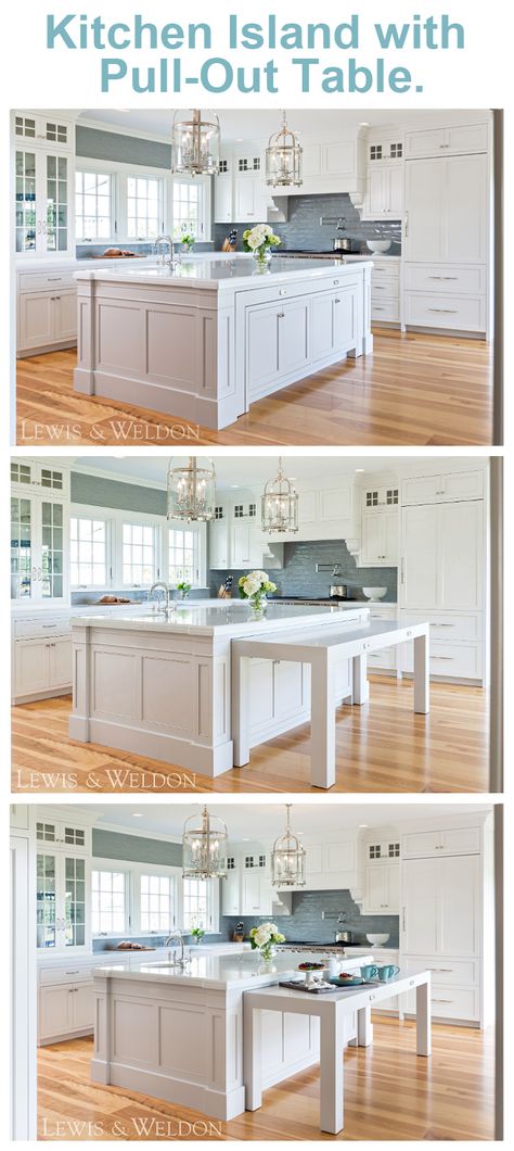 Island With Pull Out Table, Pull Out Table, Island With Stove, Kitchen Island With Stove, Kitchen Island With Sink, Unique Kitchen Design, Classic White Kitchen, Hidden Kitchen, Narrow Kitchen