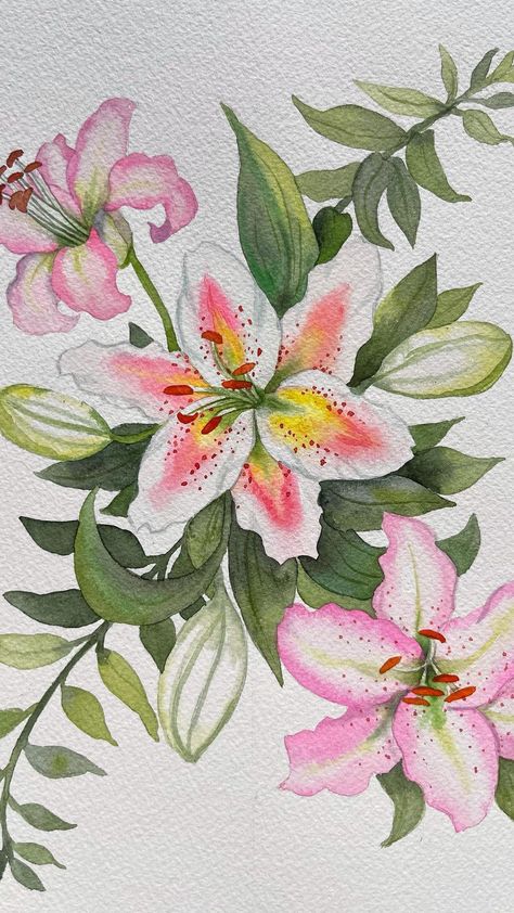 Lillys Flowers Drawing, Lily Flower Doodle, Flower Painting With Watercolors, One Flower Painting, Flower Sketchbook Cover, Lilies Flower Drawing, Lily Flower Watercolor Painting, Drawing Lillies Flowers, Lilies Watercolor Painting