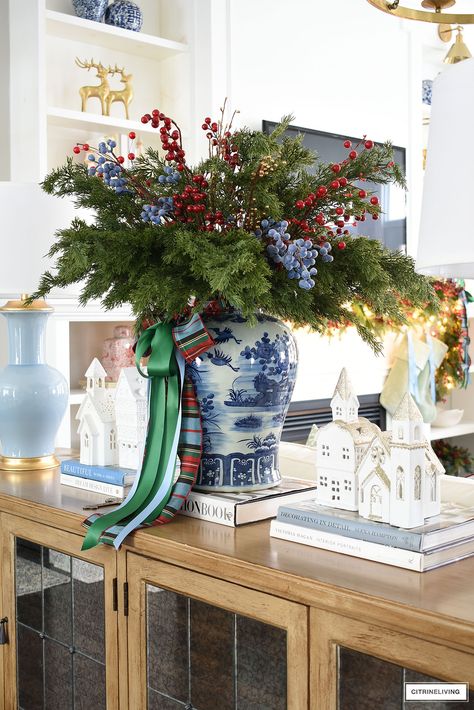 Nutcracker Mantle Decorating Ideas, Navy Red Green Gold Christmas Tree, Della Robbia Christmas, Chinoiserie And Plaid Christmas, Holiday Sideboard Decor, Bell Themed Christmas Tree, Blue And Burgundy Christmas Tree, Chinoiserie Fall Tablescape, Christmas Chinoiserie Decor