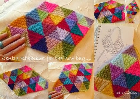 Suz Place: Design for Mini Triangle, Rhombus Bag Crochet Triangle Pattern, Sunburst Granny Square, Crochet Hack, Crochet Shell Stitch, Granny Square Bag, Triangle Square, Crochet Triangle, Cardigan Crochet, Crochet Purse