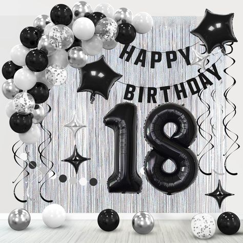 PRICES MAY VARY. ✨【WHTA IS IN THE PACKAGE?】- You will get 1pc Black Happy Birthday Banner, 2pcs Tinsel Foil Fringe Curtains backdrop (6.5*3.3ft), 2pcs Five Star Black Foil Balloons(18inch),2pcs each Silver/Black Four Star Foil Balloons(10inch), 10pcs Metallic Silvery / 10 pcs Black /10pcs White balloons,5pcs Black Confetti Balloons,6pcs Hanging Spiral,1pc 32inch Balloon Number 18 ✨【Durable,High Quality Cardboard】-This classic black happy birthday banner is made with high quality eco-friendly pap Bow Decorations For Birthday, Black And White Bday Decor, Black Theme Birthday Decoration, Black White Birthday Party Decor, Black White Silver Birthday Decorations, Black And White Birthday Decor, Star Girl Birthday Party, Black And White Birthday Decorations, Black And Silver Party Theme