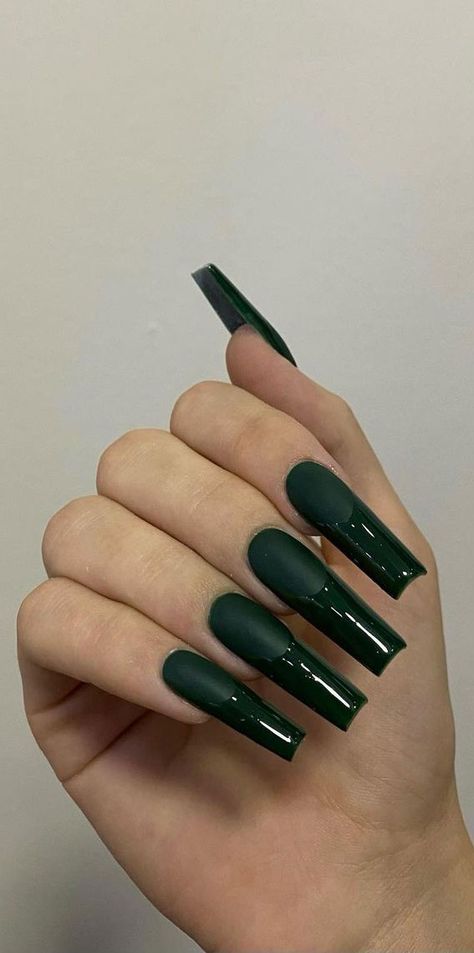 16. Green on Green Nails The Eco-Friendly & Eye pleasing nail shade is urging this season. Everything from sage green nails, olive green nails,... Green On Green French Tip Nails, Dark Green Nails Long, Emerald Green Nails Acrylic Coffin Simple, Matte Green French Tip Nails, Long Emerald Green Nails, Matte Green Acrylic Nails, Dark Green Coffin Nail Ideas, Acrylic Nails Ideas Green, Forest Green French Tip Nails Coffin