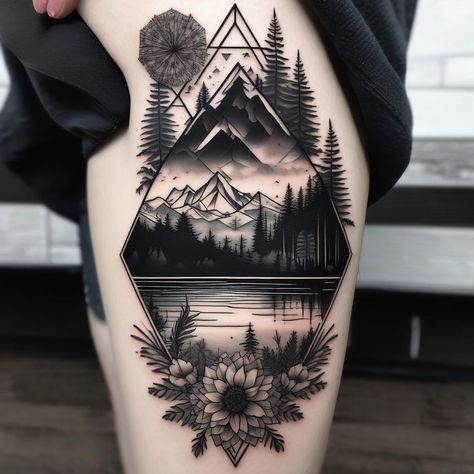 Back Arm Tattoo Women Half Sleeves, Unique Mountain Tattoos For Women, Feminine Outdoors Tattoo, Traveling Sleeve Tattoo, Mountain Night Sky Tattoo, Mountain View Tattoo, Mount Whitney Tattoo, Scenery Tattoo Women, Winter Sleeve Tattoo