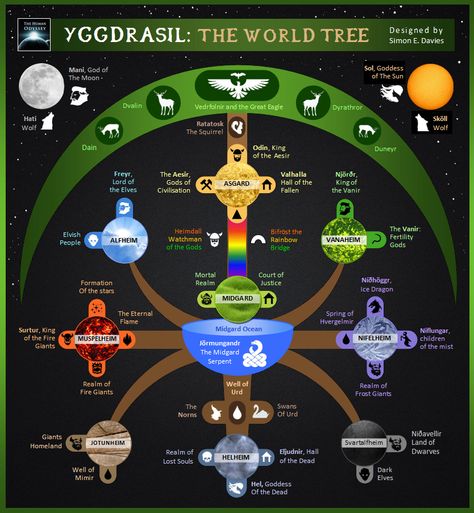 Yggdrasil is the axis-mundi of Norse mythology that holds the nine realms of the cosmos together. In its upper branches live giants, gods and nature spirits, while in its roots live  dwarves, demons and millions of dead, human souls. Magia Elemental, World Tree, World Mythology, Norse Myth, Norse Pagan, Ancient Mythology, Old Norse, Norse Vikings, Norse Mythology