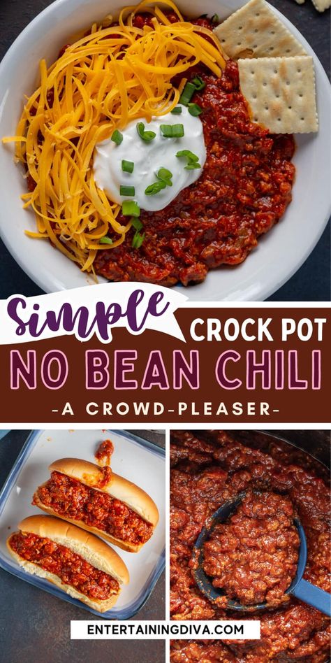 No Bean Turkey Chili, Chili Beans Crockpot, No Bean Chili Recipe, Football Party Menu, Chili No Beans, Beans Recipe Crockpot, Turkey Chili Crockpot, Super Bowl Menu, Beans In Crockpot