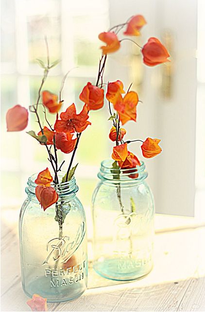 So easy! Great color combination for fall decor at the coast Fall Lights, Lantern Flowers, Japanese Lantern, Ball Jar, Blue Mason Jars, Autumn Orange, Chinese Lantern, Autumn Decorating, Autumn Flowers