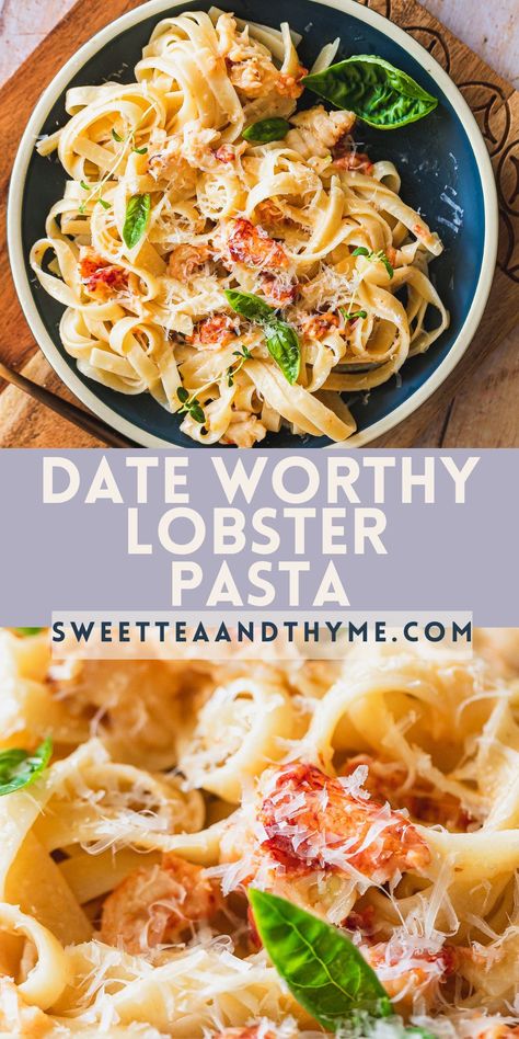 Lobster With Garlic Butter, Date Worthy Lobster Pasta, Healthy Lobster Pasta Recipe, Summer Dinner Recipes Seafood, Lobster And Linguini, Lobster Shrimp Recipes, Shrimp And Lobster Recipes Dinners, Shredded Lobster Recipes, Pasta Recipes With Seafood