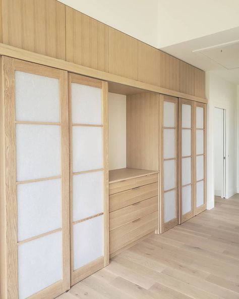 Japanese Wardrobe Design, Japandi Closet, Japandi Wardrobe, Japanese Closet, Rift Sawn White Oak, Shoji Paper, Shoji Doors, Door Bathroom, Wall Closet