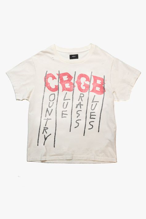 Celebrating 50 years of the most iconic venue in music history, the home of underground rock & the birthplace of punk. Other x CBGB  Every T-shirt has been individually treated to create a unique and one off product, all hand washed, printed, distressed, aged, beaten, blasted & burned here in our UK studio using our signature blend of authentic vintage plastisol inks for the perfect worn-in” vintage vibe, look and feel.    *Colour & Print may vary slightly due to the nature of the washing proces Vintage Tee Design Graphics, Streetwear Graphic Design T Shirts, Vintage Tour Shirt, Vintage T-shirt, Retail Visual Merchandising, Vintage Supreme, Tshirt Prints, Clothing Prints, Vintage Shirt Design