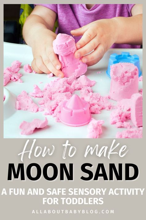 Taste Safe Moon Sand, Moon Sand Diy, Taste Safe Cloud Dough, How To Make Moon Sand, Taste Safe Kinetic Sand, Moon Dough Recipe Flour, Moon Sand Recipe 2 Ingredients, Magic Sand Recipe, Moon Activities For Preschool