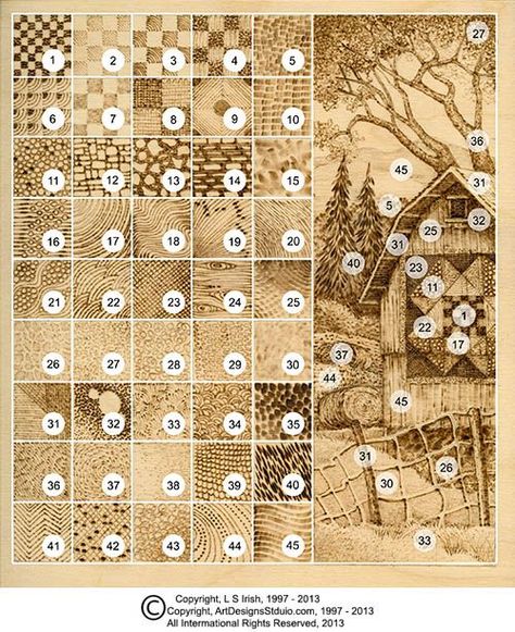 pyrography practice board chart guide                                                                                                                                                                                 More Pyrography Tutorial, Wood Burning Tools, Beginner Wood Burning, Wood Burning Tips, Pyrography Designs, Wood Burning Patterns Stencil, Wood Burning Techniques, Texture Board, Wood Burn Designs