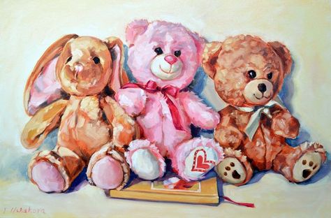 Friends - Irina Ushakova Childhood Painting Memories, Art About Childhood Nostalgia, A Level Art Childhood, Childhood Nostalgia Art, Art About Childhood, Childhood Objects, Teddy Painting, Teddy Bear Painting, Childhood Art