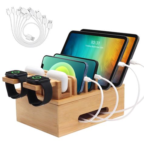 PRICES MAY VARY. Multi Device Organization: This charging station organizer can accommodate up to 8 devices simultaneously, including Phones, Tablets, Earphones and Watches, eliminating cable clutter and keep your devices neatly organized Secure and Stable Magnetic Base: adopts a magnetic base, ensuring easy assembly and disassembly, ensuring the safety and stability of your devices Dedicated Watch and Earphone Holder: equipped with two earphones and two smartwatch holders that can charge multip Docking Station Organizer, Bedside Charging Station Ideas, Charging Station Ideas Kitchen, Organizing Cords And Chargers, Electronics Charging Station, Charging Station Box, Charging Station Ideas, Wooden Charging Station, Device Charging Station