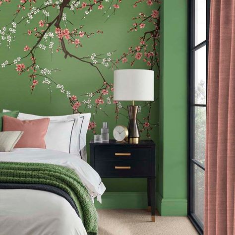 Pink Green Bedrooms, Cherry Blossom Bedroom, Wall Painting Designs, Green Bedroom Walls, Two Worlds Collide, Painting Textured Walls, Flower Bedroom, Bedroom Murals, Wall Murals Painted