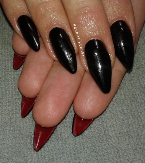 Black Acrylic With Red Under, Black Nails W Red Under, Black Nails With Under Color, Black Nail Red Under, Black Nails With Red Bottoms Almond, Black Matte Nails With Red Under, Black Nails And Red Under, Red Black Almond Nails, Black And Red Under Nails