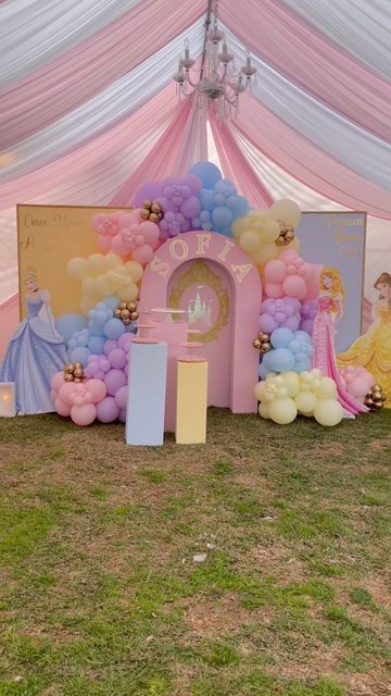 Disney Princess Backdrop, Disney Princess Theme Birthday Party, Princess Backdrops, Happy Birthday Decoration, Disney Princess Theme, Princess Balloons, Rapunzel Birthday Party, Princess Birthday Party Decorations, Cinderella Birthday Party