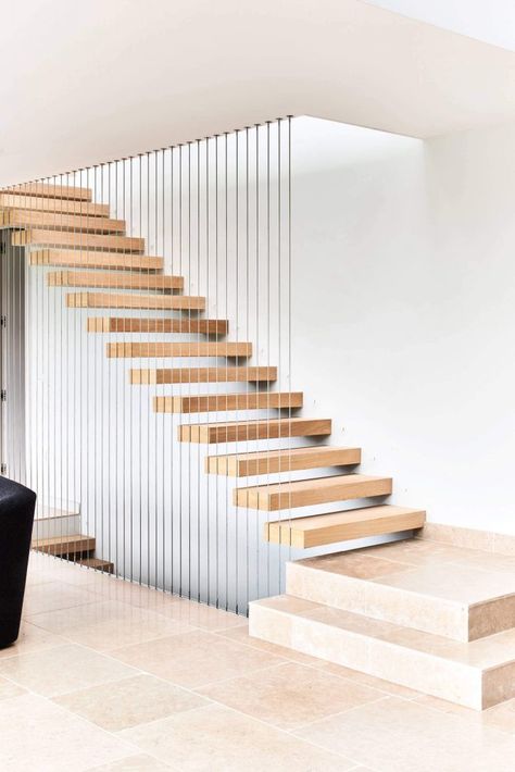 Ideas For Staircase, Wire Balustrade, Modern Country House, Detail Arsitektur, Open Trap, Country Modern Home, Stairs Design Interior, Contemporary Staircase, Mews House