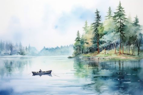 Painting outdoors vehicle nature. | premium image by rawpixel.com / June Square Watercolor Painting, Lake Braies, Lake Watercolor, Square Artwork, Dibujos Toy Story, Watercolor Scenery, Watercolor Art Landscape, Watercolor Landscapes, Lake Painting