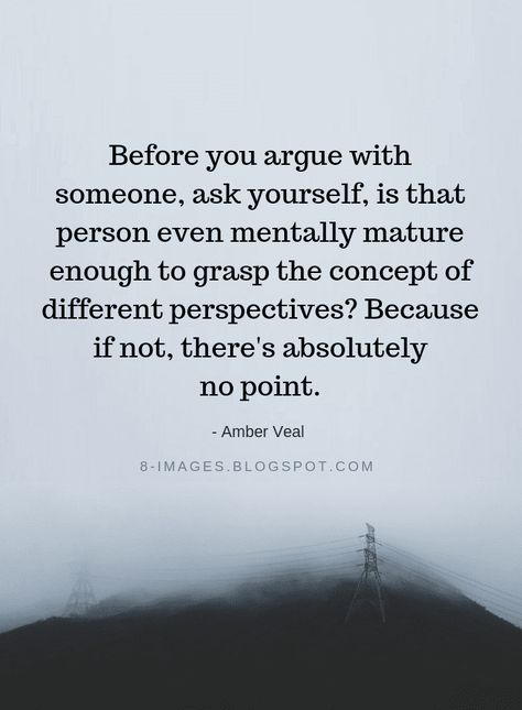 Quotes Before you argue with someone, ask yourself, is that person even mentally mature enough to grasp the concept of different perspectives? Because if not, there's absolutely no point. - Amber Veal How Someone Speaks To You Quotes, Not Agreeing With Someone Quotes, Never Explain Yourself To Anyone Quotes, Never Play With Someones Feelings Quotes, Saying I Love You Isnt Enough Quotes, I Don’t Argue Quotes, Dont Argue Quotes, Too Nice For My Own Good Quotes, Short Response Quotes