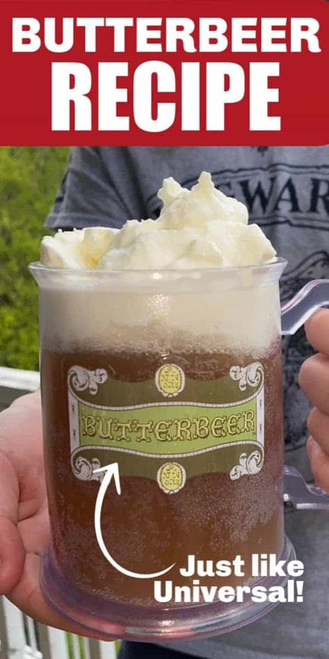 This Butterbeer recipe tastes just like butterbeer at Universal Studios. It's rich cream soda and butterscotch flavors pair perfectly with the butterscotch whipped cream topping! It's just like your in Harry Potter's world! Butterbeer Cookies, Butter Beer Recipe Harry Potter, Harry Potter Snacks, Butterscotch Syrup, Whipped Cream Topping, Harry Potter Butter Beer, Butterbeer Recipe, Butter Beer, Harry Potter Food