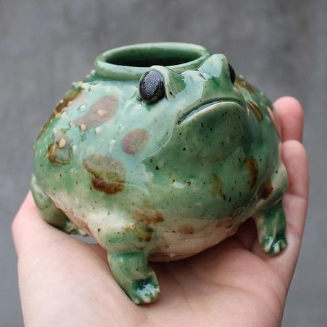 Interesting Ceramic Ideas, Frog Mug Pottery, Ceramic Frog Mug, Frog Pinch Pot, Animal Pottery Ideas, Unique Pottery Ideas Creative, Ceramics Frog, Cermanic Ideas, Silly Ceramics