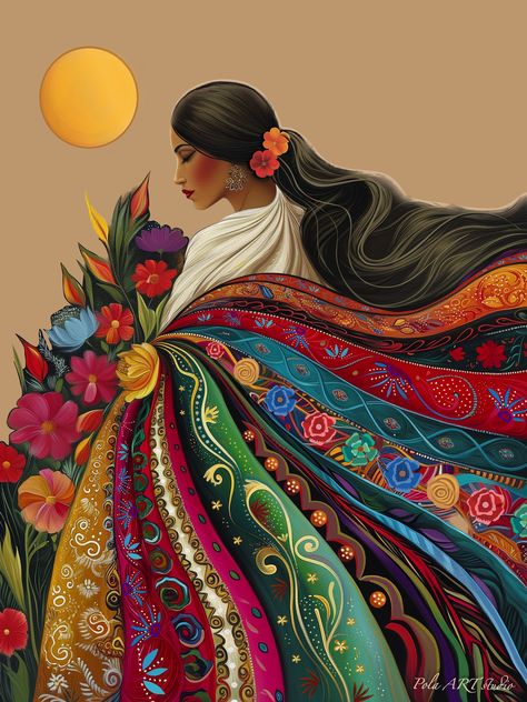 Closer to the Sun Latinx Women Art Mexican Guatemala El Salvador Chicana Latin American Wall Art America Latina Print Artwork Painting - Etsy Mexican Ancestors Art, Mexican Goddess Art, Mexican Art Ideas, Traditional Mexican Aesthetic, Mexican Artists Paintings, Latin Artwork, Latina Artwork, Mexican Woman Aesthetic, Yaqui Art