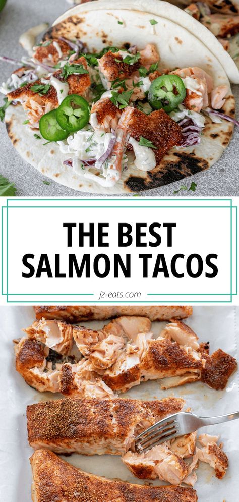 Salmon Soft Tacos, Salmon Recipes Tacos, Spicy Salmon Tacos, Crispy Salmon Tacos, Salmon Taco Recipes, Salmon Tacos Recipe Easy, Smoked Salmon Tacos, Blacken Seasoning, Fish Taco Slaw