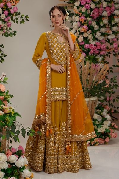 Buy Orange Kurta And Sharara Silk Embroidered Gota Round Set For Women by Preeti S Kapoor Online at Aza Fashions. Sangeet Sharara, Orange Sharara Suit, Gota Work Dress, Sharara Suit Designs Latest, Sharara Wedding, Sharara Designs For Wedding, Yellow Sharara Suits, Casual Anarkali, Yellow Sharara