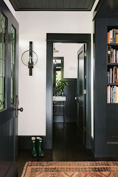 designer feature: jessica helgerson interior design — THE PLACE HOME Grey Interior Doors, Dark Wood Trim, Dark Doors, Dark Trim, Grey Doors, Farmhouse Interior, Dark Interiors, Trendy Bathroom, Painting Trim