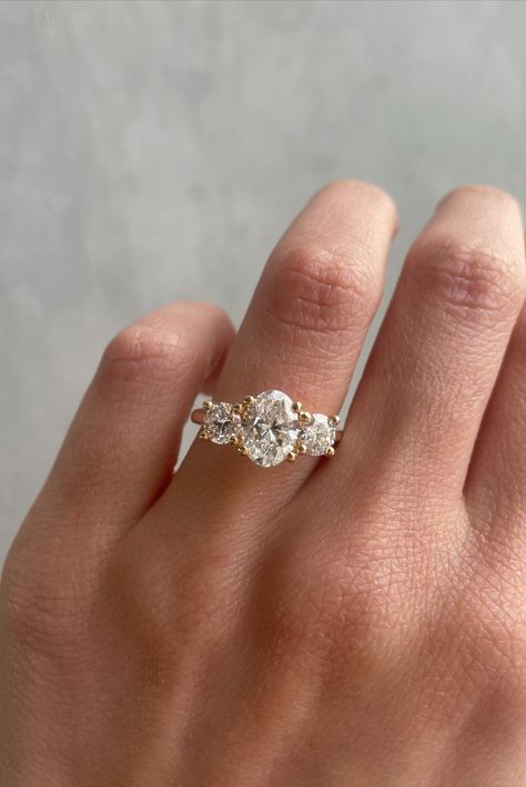 Oval Trilogy Engagement Ring, Affordable Engagement Ring, Vintage Bridal Ring, Yellow Gold Moissanite Ring, Pretty Engagement Rings, Trilogy Engagement Ring, Oval Moissanite Ring, Cute Engagement Rings, Future Engagement Rings