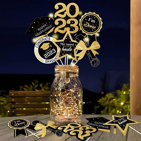 Black And Gold Graduation Table Decor, Black And Gold Graduation Party Decorations, Brown And Gold Graduation Party Ideas, Black And Gold Graduation Party Ideas Decoration, Class Of 2023 Graduation Party Ideas, Gold And Black Graduation Party Ideas, Black And Gold Graduation Centerpieces, Black And Gold Graduation Party Ideas, Black And Gold Table Centerpieces