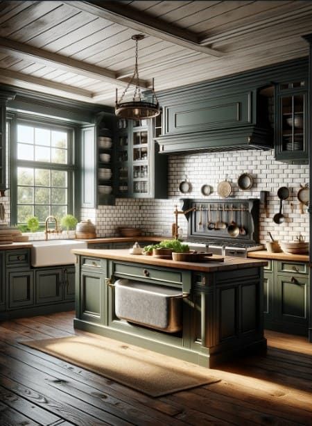 30 Stunning Kitchen Ideas Featuring Sage Green Cabinets 44 Dark Sage Kitchen Cabinets, Olive Farmhouse, Kitchen Aesthetic Green, Dreamy Farmhouse, Sage Green Cabinets, Green Kitchen Inspiration, Feng Shui Kitchen, Green Kitchen Ideas, Diy Kitchen Makeover