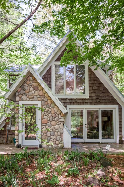 Cottages And Cabins, A Frame Stone House, Partial A Frame House, Rock Cottage Exterior, Stone And Wood Cabin, Cool Cottages, A Line Cabin, 3 Story Cabin, Forest Cottage Exterior