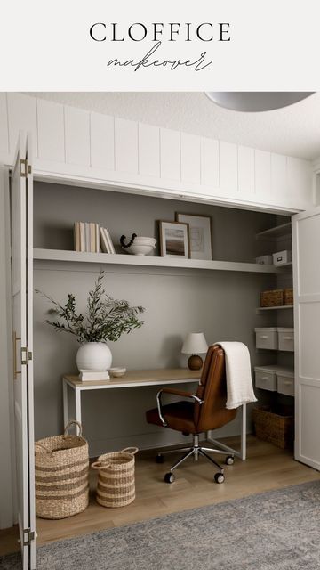 Office In Cupboard, Small Space Home Office Ideas, Closet Office Ideas, Redo Closet, Basement Office Ideas, Closet Turned Office, Cupboard Desk, Closet Conversion, Wfh Office