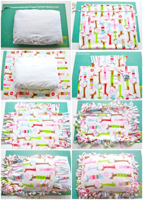 Create an inexpensive no-sew dog bed with a fleece blanket and a pillow. This does not require any skills and makes a great gift for the dog lover. Fleece Dog Bed, Diy Cat Bed, Diy Pet Bed, Diy Dog Toys, Pet Projects, Diy Dog Bed, Sewing Fleece, Dog Pillow Bed, Dog Clothes Patterns